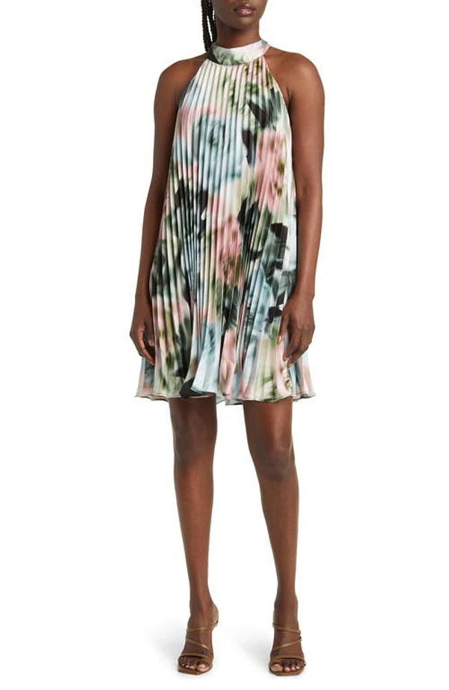 Adelyn Rae Print Pleated Sleeveless Minidress Light Green Multi at Nordstrom,