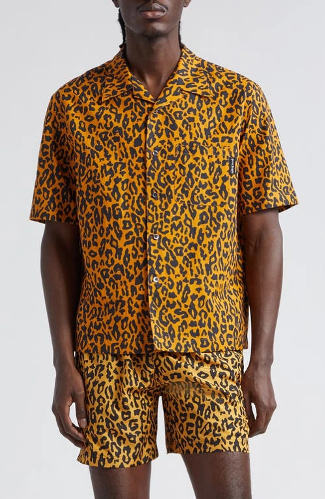 Palm Angels Cheetah Print Short Sleeve Linen & Cotton Button-Up Camp Shirt Orange Black at Nordstrom, Us