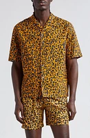 Palm Angels Cheetah Print Short Sleeve Linen & Cotton Button-Up Camp Shirt Orange Black at Nordstrom, Us