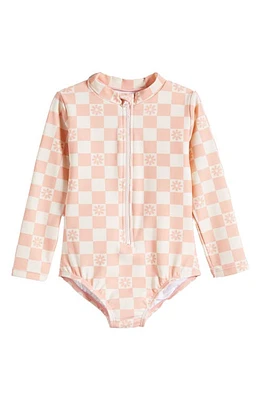 TINY TRIBE Daisy Check Long Sleeve One-Piece Rashguard Swimsuit in Blush at Nordstrom, Size 12-18M