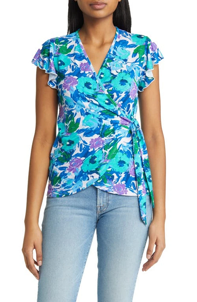 Loveappella Floral Flutter Sleeve Knit Wrap Top Aqua/Violet at Nordstrom,