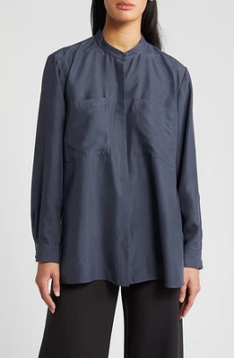 Eileen Fisher Washed Silk Band Collar Shirt Ocean at Nordstrom,