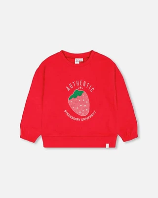 Deux Par Deux Girl's French Terry Sweatshirt With Strawberry Applique True Red at Nordstrom, Size 8