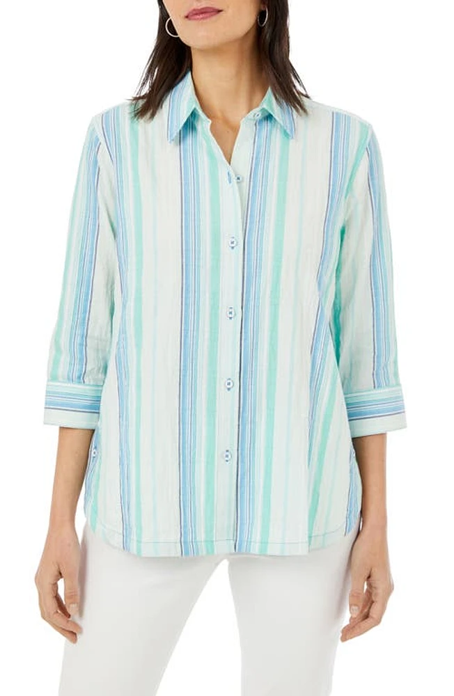 Foxcroft Thea Oasis Stripe Cotton Blend Shirt in Sea Mist at Nordstrom, Size 6