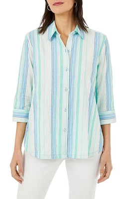 Foxcroft Thea Oasis Stripe Cotton Blend Shirt in Sea Mist at Nordstrom, Size 6