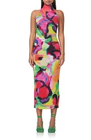 AFRM Olimpia Printed Turtleneck Mesh Halter Dress Floral at Nordstrom,