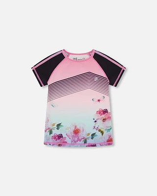 Deux Par Deux Little Girl's Short Sleeve Athletic Top Gradient Pink Printed Big Flowers in Gradient Pink Big Flowers at Nordstrom