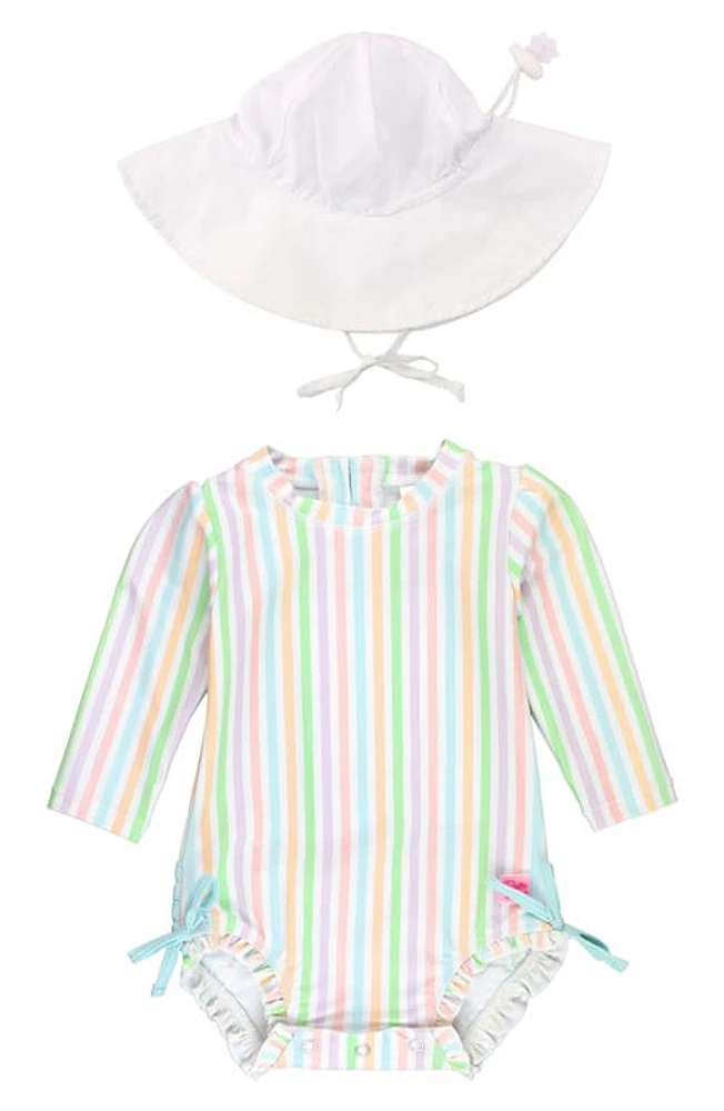 RuffleButts Rainbow Stripe Long Sleeve One-Piece Rashguard Swimsuit & Headband Set White Multi-Color at Nordstrom,