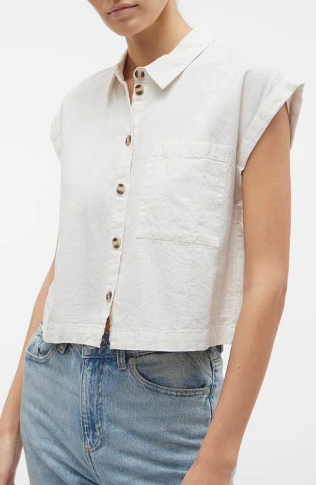 VERO MODA Luna Cap Sleeve Crop Button-Up Shirt Birch at Nordstrom,