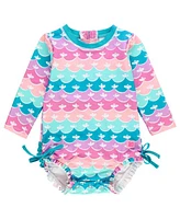 RuffleButts Girls Long Sleeve UPF50+ One Piece Rash Guard in Mermaid at Nordstrom, Size 2T