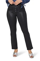 PAIGE Flaunt Accent Curvy Exposed Button Straight Leg Jeans in Black Fog Luxe Coating at Nordstrom, Size 26