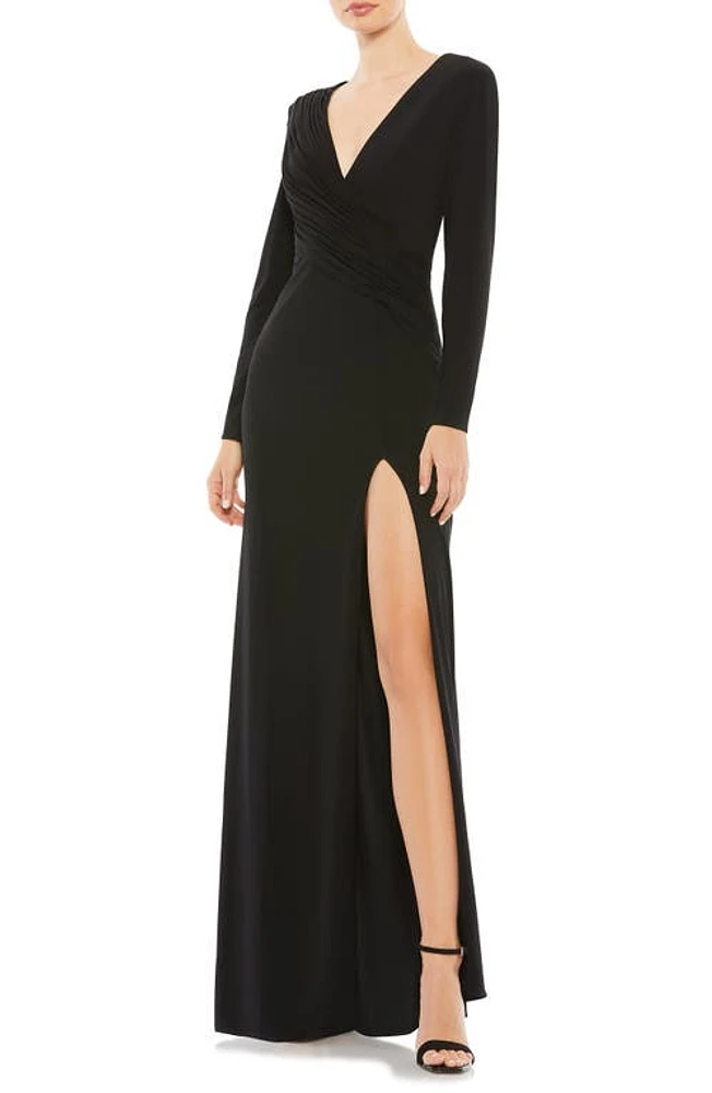 Mac Duggal Ruched Jersey Long Sleeve Column Gown Black at Nordstrom,