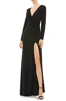 Mac Duggal Ruched Jersey Long Sleeve Column Gown Black at Nordstrom,