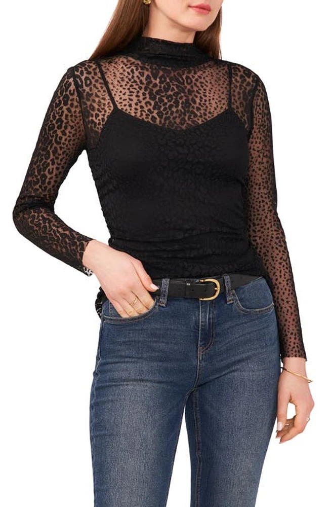 Vince Camuto Leopard Print Long Sleeve Mesh Top in Rich Black at Nordstrom, Size Medium