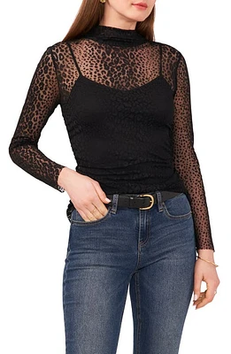 Vince Camuto Leopard Print Long Sleeve Mesh Top in Rich Black at Nordstrom, Size Medium