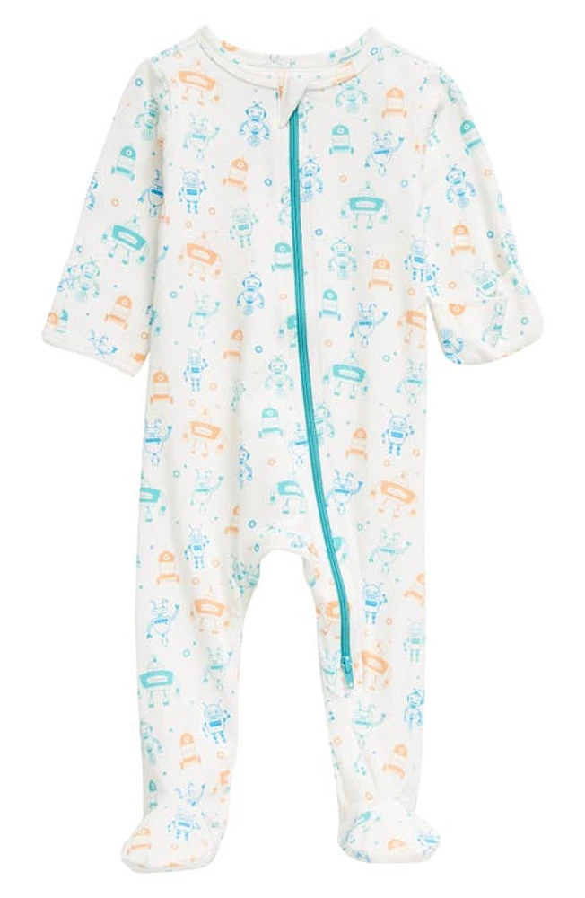 Norani Robots Stretch Organic Cotton Footie Blue/Green at Nordstrom,