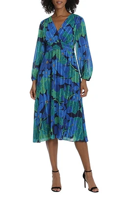 Maggy London Floral Long Sleeve Midi Dress Navy/Cobalt at Nordstrom,