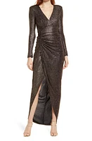 Vince Camuto Metallic Snake Print Long Sleeve V-Neck Gown Gold at Nordstrom,