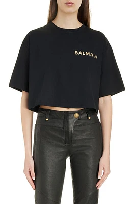 Balmain Laminated Logo Crop T-Shirt Ead Black/Gold at Nordstrom,