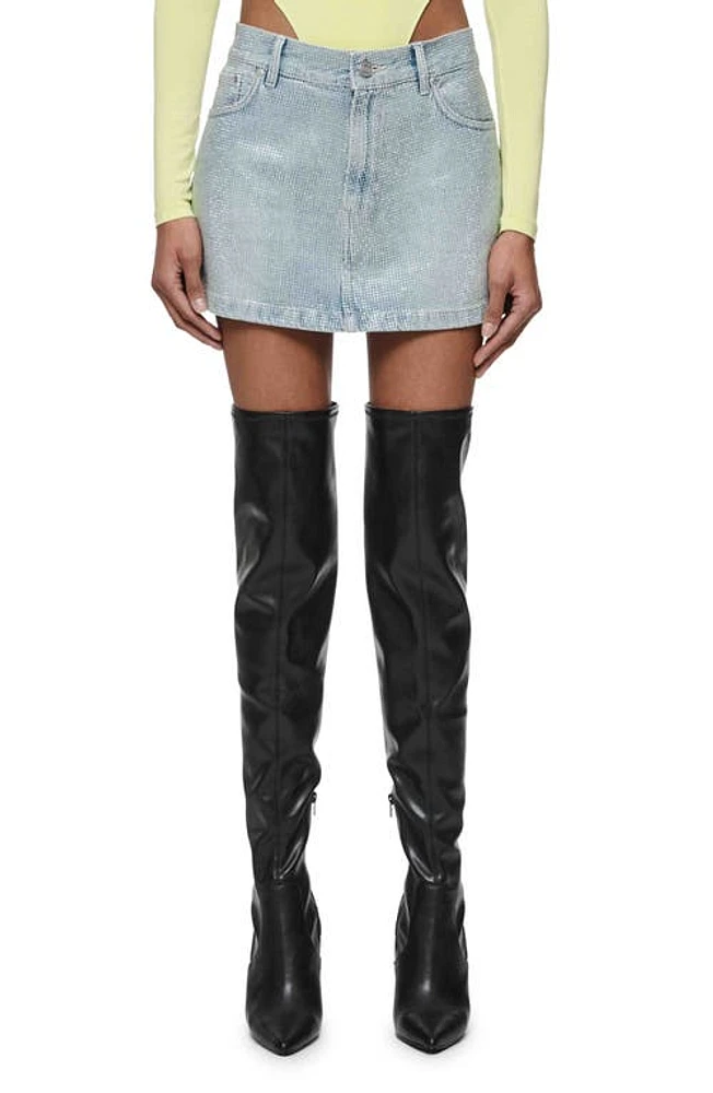 PURPLE BRAND Hotfix Metallic Studded Denim Miniskirt Light Indigo at Nordstrom,