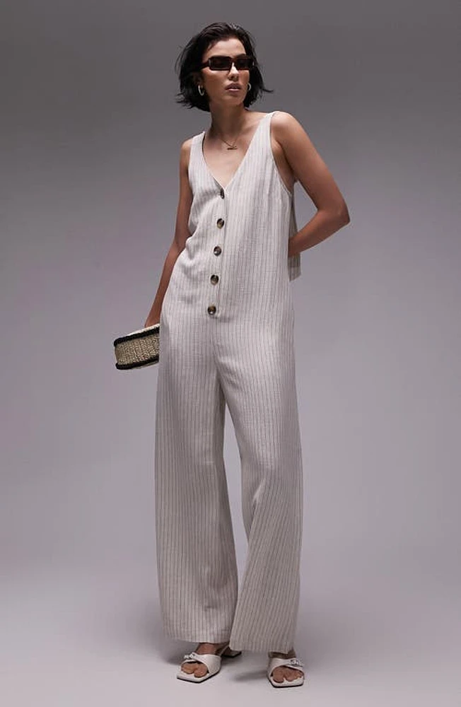 Topshop Pinstripe Tie Strap Wide Leg Jumpsuit Cream Multi at Nordstrom, Us