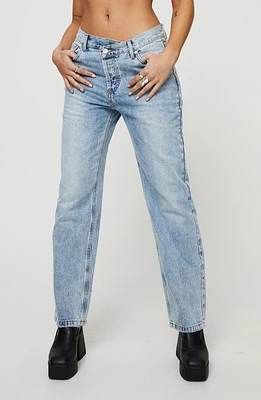 Princess Polly Holly Asymmetric Crossover Waist Rigid Straight Leg Jeans Blue at Nordstrom,