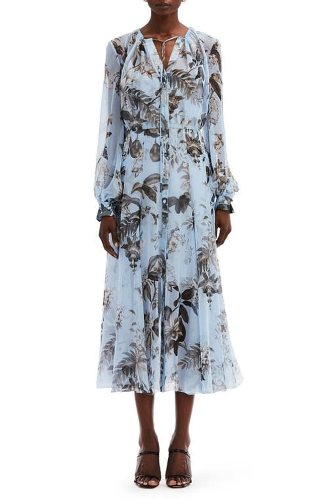 Oscar de la Renta Fauna Floral Sheer Long Sleeve Silk Shirtdress Black/Light Blue at Nordstrom,