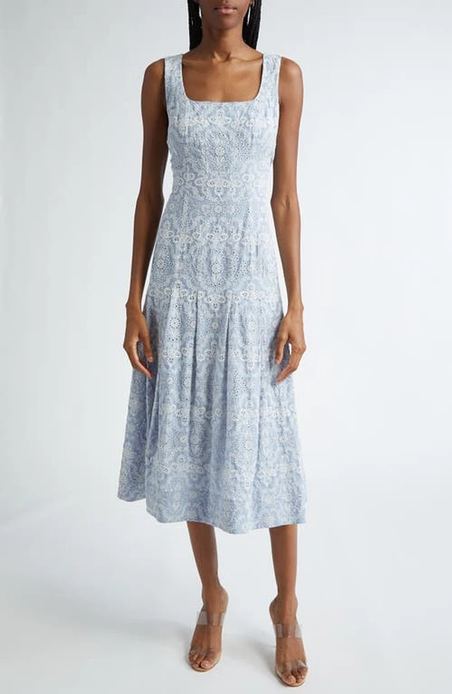 Veronica Beard Jolie Eyelet Sleeveless Cotton Dress Blue/Ecru at Nordstrom,