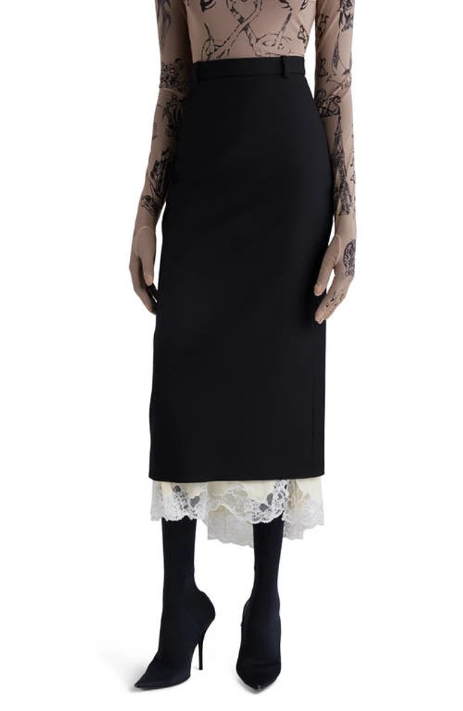 Balenciaga Lingerie Lace Wool Gabardine & Jersey Midi Skirt Black/Cream at Nordstrom, Us