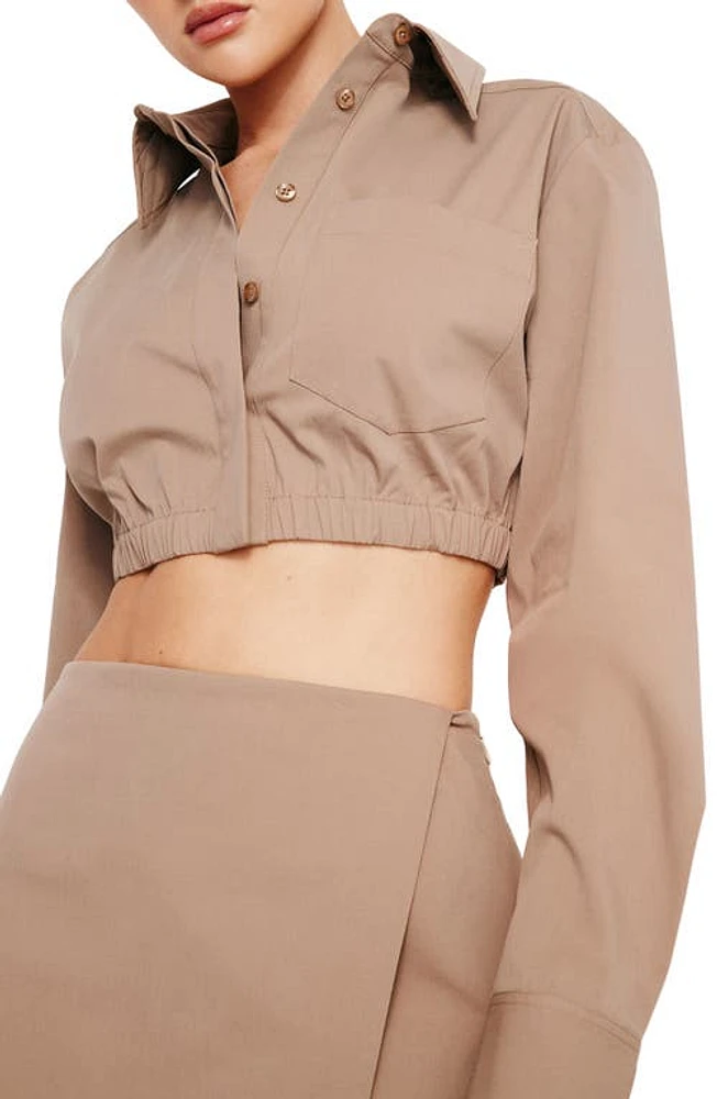 Good American Stretch Popllin Crop Button-Up Shirt Putty001 at Nordstrom,