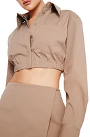 Good American Stretch Popllin Crop Button-Up Shirt Putty001 at Nordstrom,