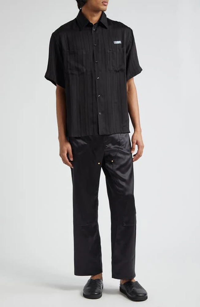 4SDesigns Stripe Short Sleeve Button-Up Utility Shirt in Black at Nordstrom, Size Medium