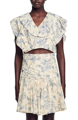 sandro Josey Floral Linen Blend Crop Top Ecru /Bleu at Nordstrom,