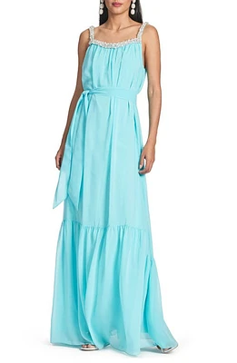 Sachin & Babi Kami Imitation Pearl Crystal Detail Chiffon Gown Swiss Blue at Nordstrom,