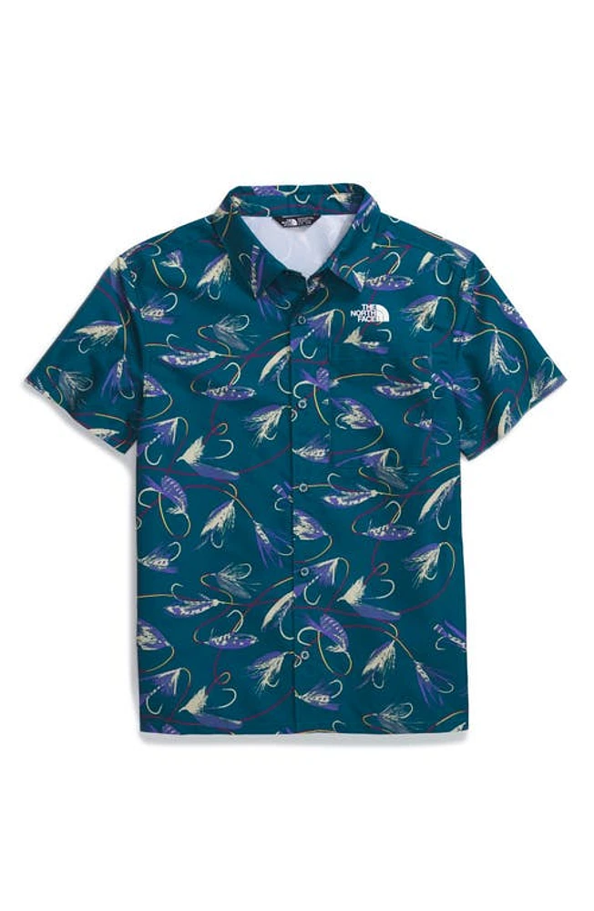 The North Face Kids' Amphibious Print Short Sleeve Button-Up Shirt Blue Moss Gone Fishing at