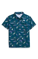 The North Face Kids' Amphibious Print Short Sleeve Button-Up Shirt Blue Moss Gone Fishing at