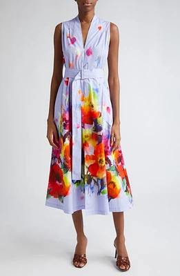 Lela Rose Margot Watercolor Floral Print Belted Shirtdress Periwinkle Multi at Nordstrom,