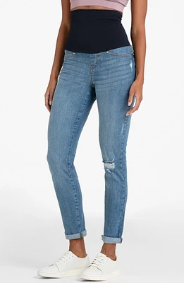 Seraphine Cuff Over the Bump Distressed Boyfriend Postpartum Jeans Light Blue at Nordstrom,