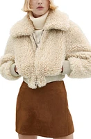 MANGO Faux Shearling Crop Aviator Jacket Ecru at Nordstrom,