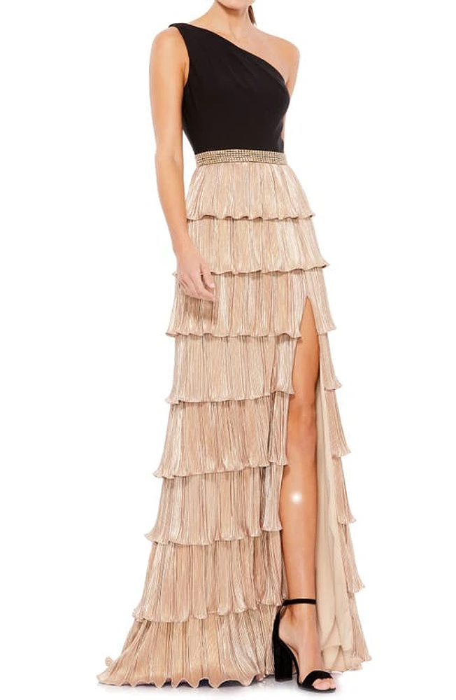 Ieena for Mac Duggal One-Shoulder Ruffle Tiered Gown Black Gold at Nordstrom,