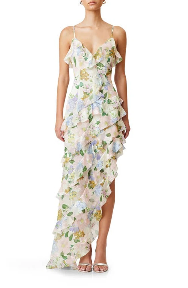 Elliatt Wilhelmina Floral Print Ruffle Chiffon Maxi Dress in Ivory Multi at Nordstrom, Size X-Large