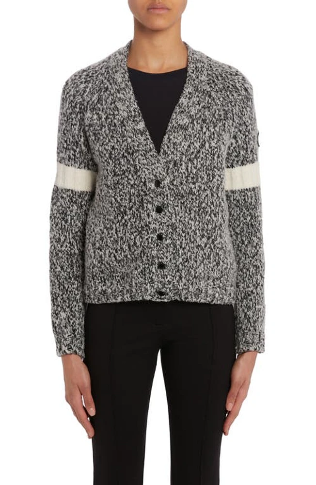 Moncler Stripe Sleeve Marled Wool Blend Cardigan in Black at Nordstrom, Size Small