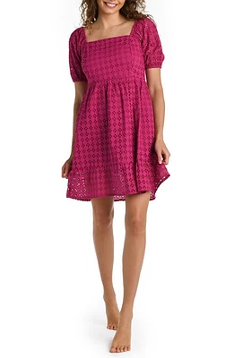 La Blanca Puff Sleeve Cotton Eyelet Cover-Up Dress Magenta at Nordstrom,