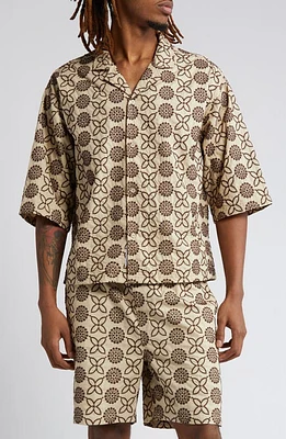 Native Youth Embroidered Boxy Camp Shirt Beige /Brown at Nordstrom,