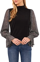 CeCe Metallic Sleeve Stretch Crepe Top Rich Black at Nordstrom,