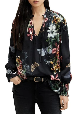 AllSaints Mara Sanibel Floral Print Tie Neck Top Black at Nordstrom, Us