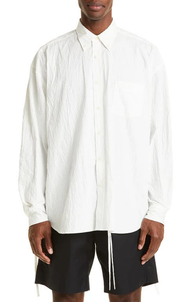 John Elliott Oversize Crinkled Tie Front Button-Down Shirt White at Nordstrom,