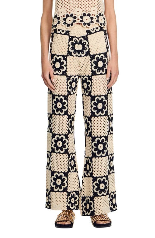 sandro Nadav Floral Crochet Wide Leg Pants Beige /Black at Nordstrom,