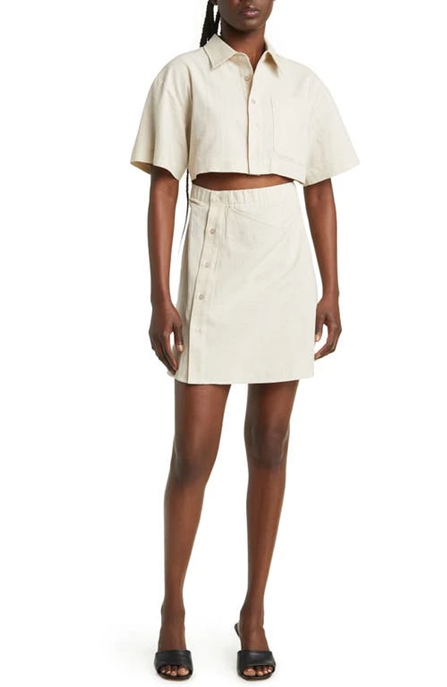 MOON RIVER Cutout Cotton & Linen Mini Shirtdress in Oatmeal at Nordstrom, Size Medium