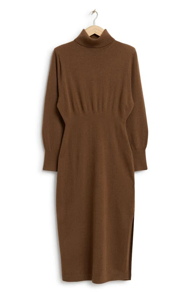 & Other Stories Long Sleeve Padded Shoulder Turtleneck Wool Sweater Dress in Brown at Nordstrom, Size X-Small